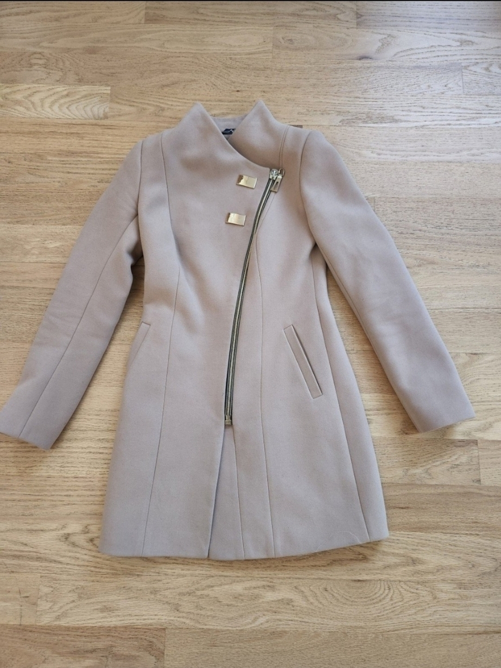 Womens Beige Wool Asymmetrical Zip Coat